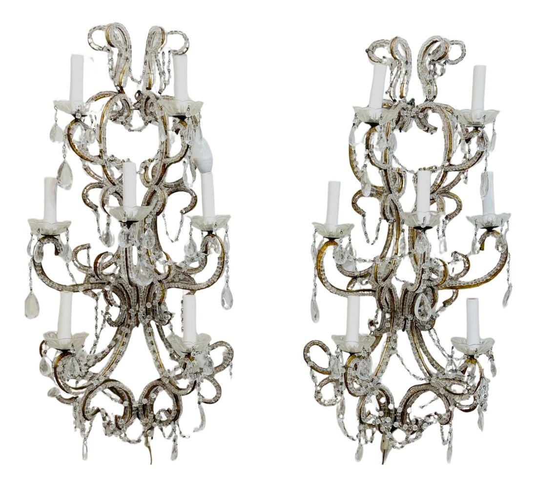 Large Pair of Maria Theresa Style Crystal 7-Light Wall Sconces, Italy Circa 1950: Large Pair of Maria Theresa Style Crystal 7-Light Wall Sconces, Italy, Circa 1950s An impressive pair of Italian Maria Theresa-style crystal wall sconces, circa 1950s, notable for their grand scale an
