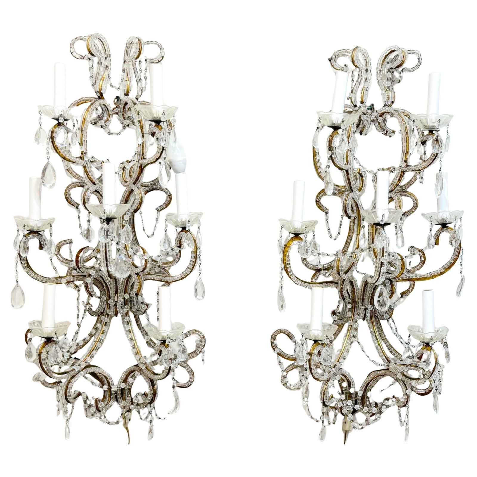 Large Pair of Maria Theresa Style Crystal 7-Light Wall Sconces, Italy Circa 1950 - 2