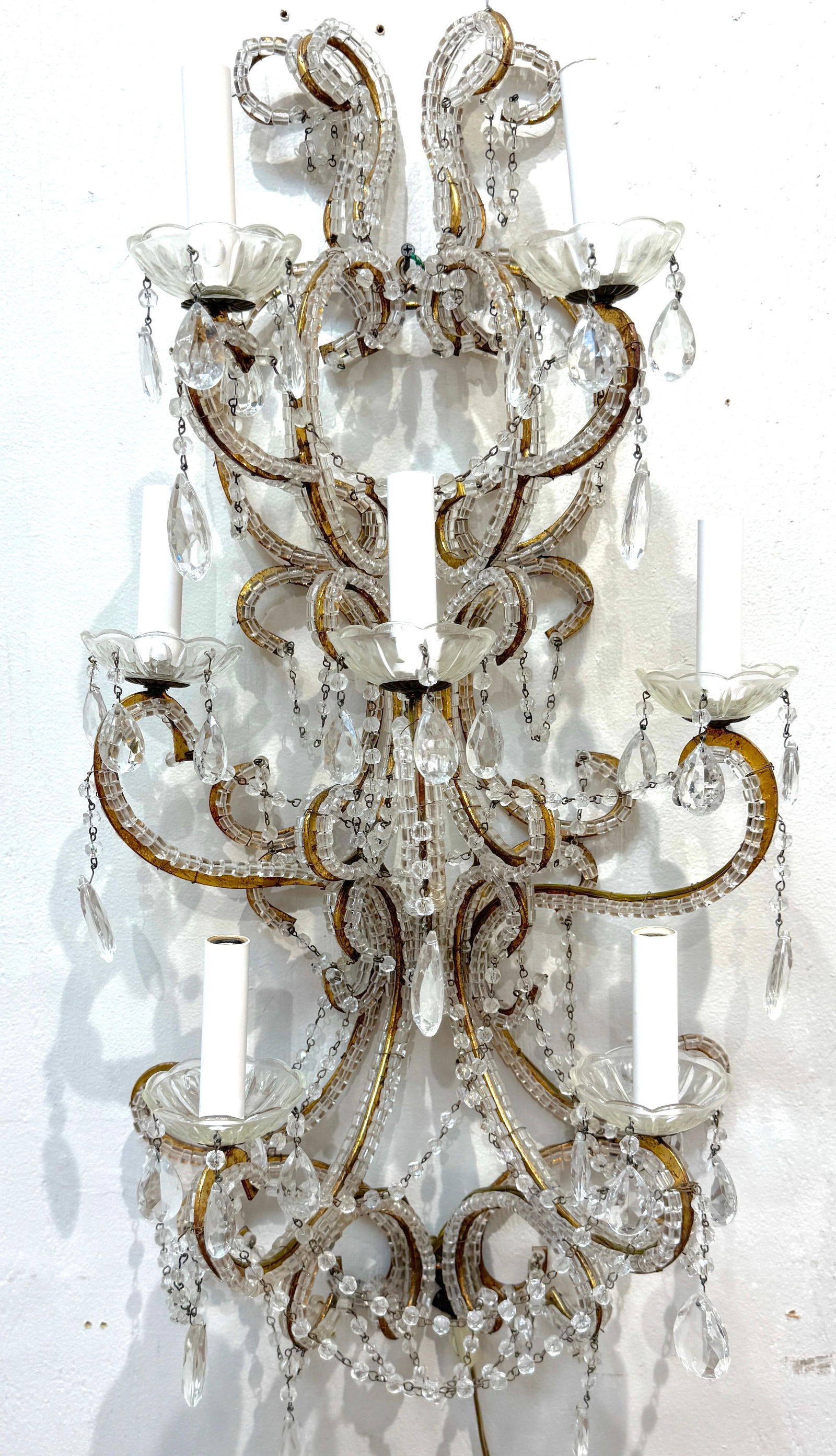 Large Pair of Maria Theresa Style Crystal 7-Light Wall Sconces, Italy Circa 1950 - 4