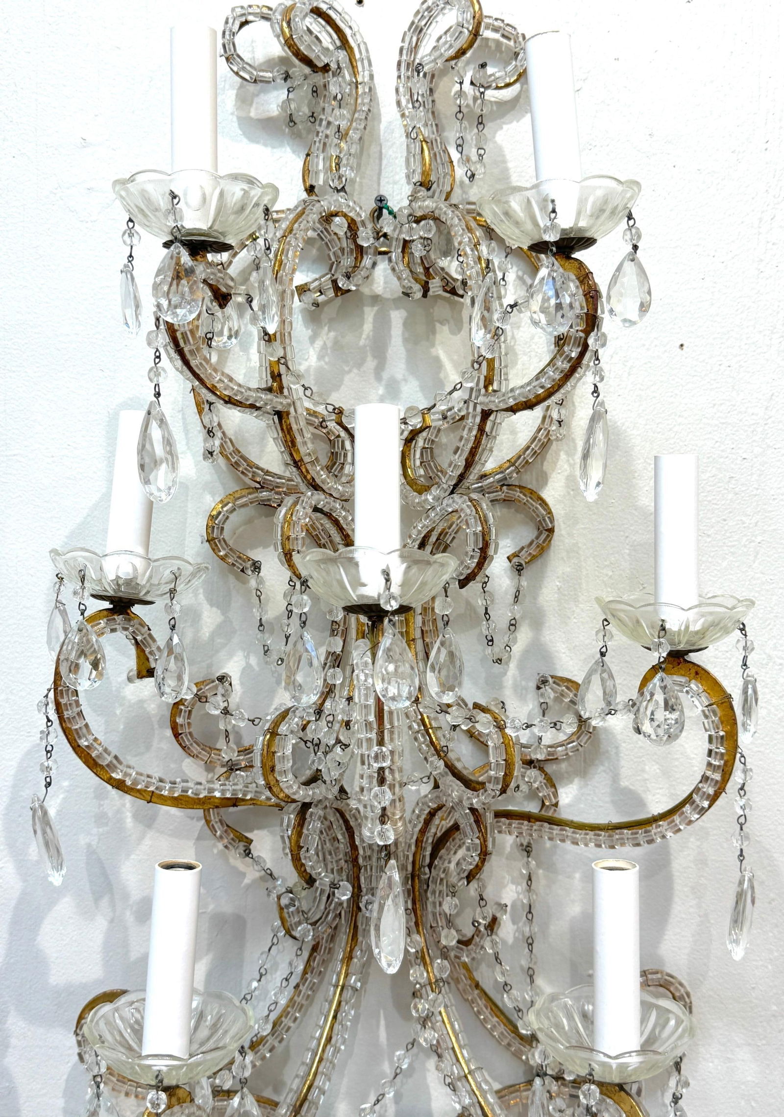 Large Pair of Maria Theresa Style Crystal 7-Light Wall Sconces, Italy Circa 1950 - 5