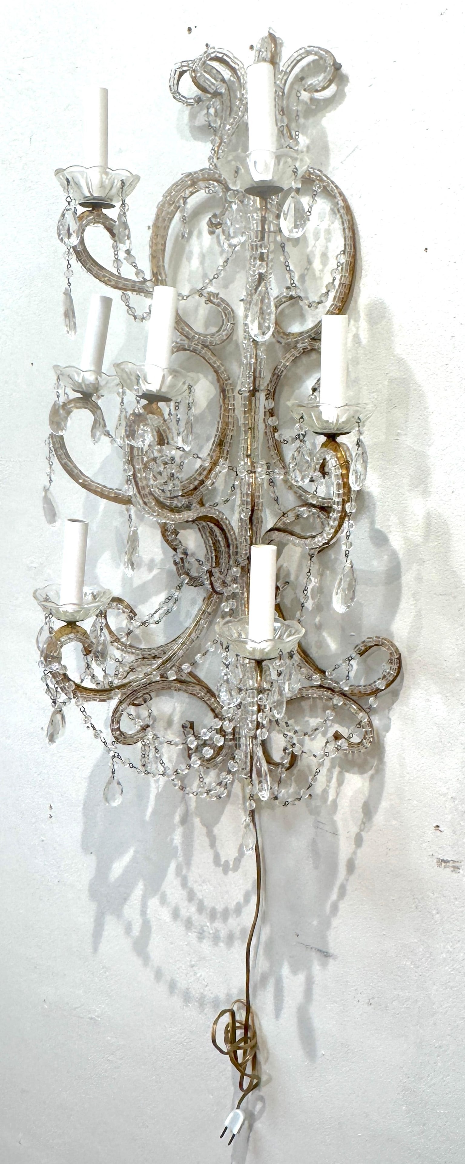 Large Pair of Maria Theresa Style Crystal 7-Light Wall Sconces, Italy Circa 1950 - 6