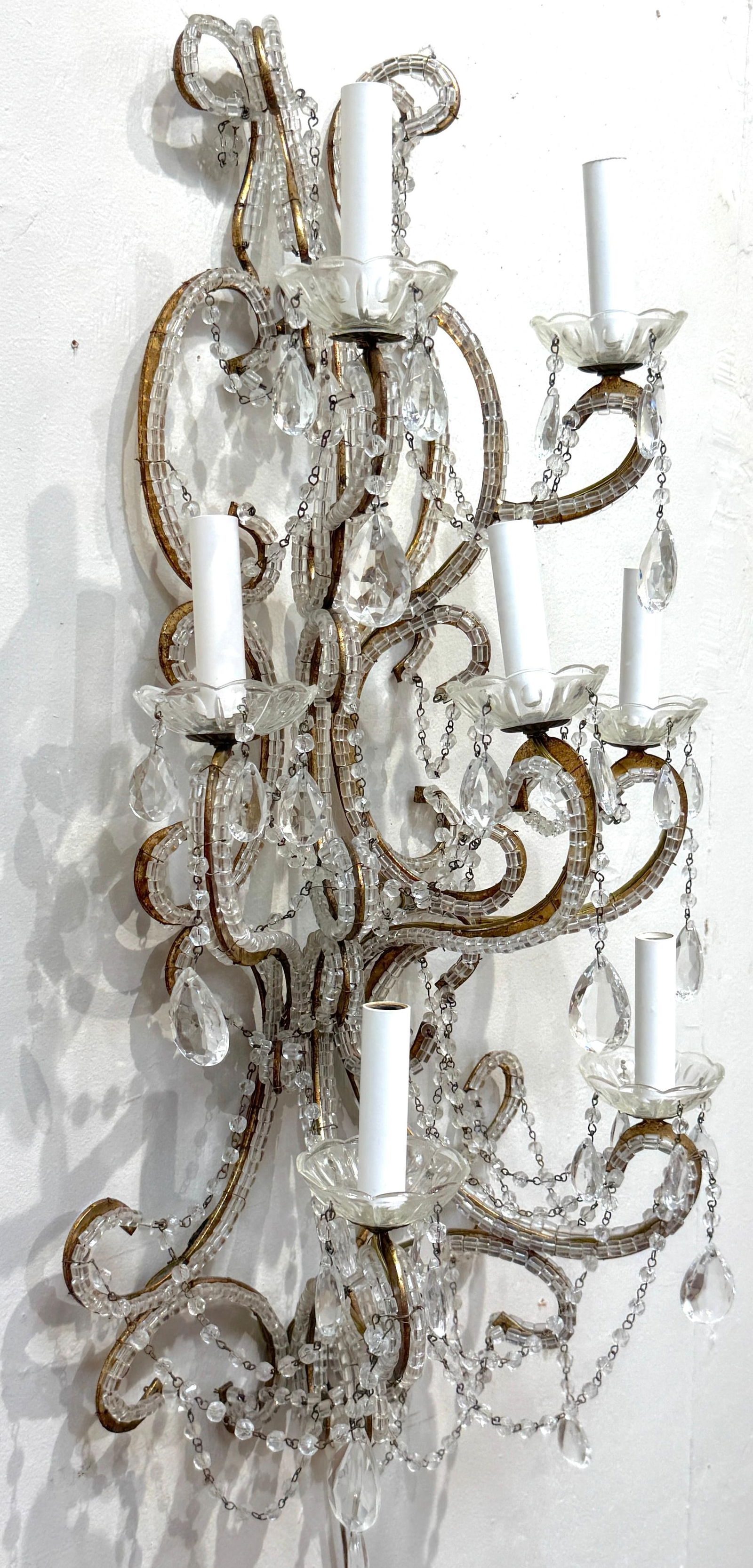Large Pair of Maria Theresa Style Crystal 7-Light Wall Sconces, Italy Circa 1950 - 7
