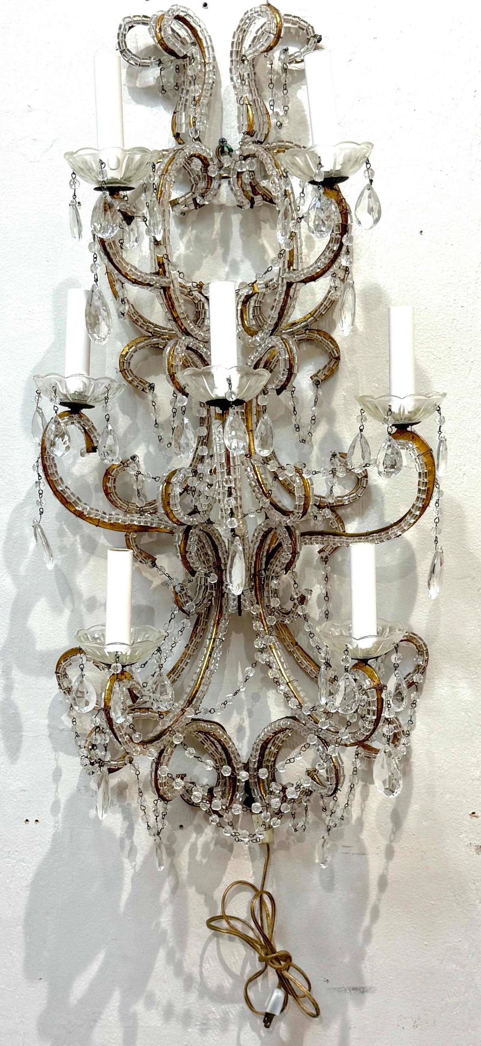 Large Pair of Maria Theresa Style Crystal 7-Light Wall Sconces, Italy Circa 1950 - 9