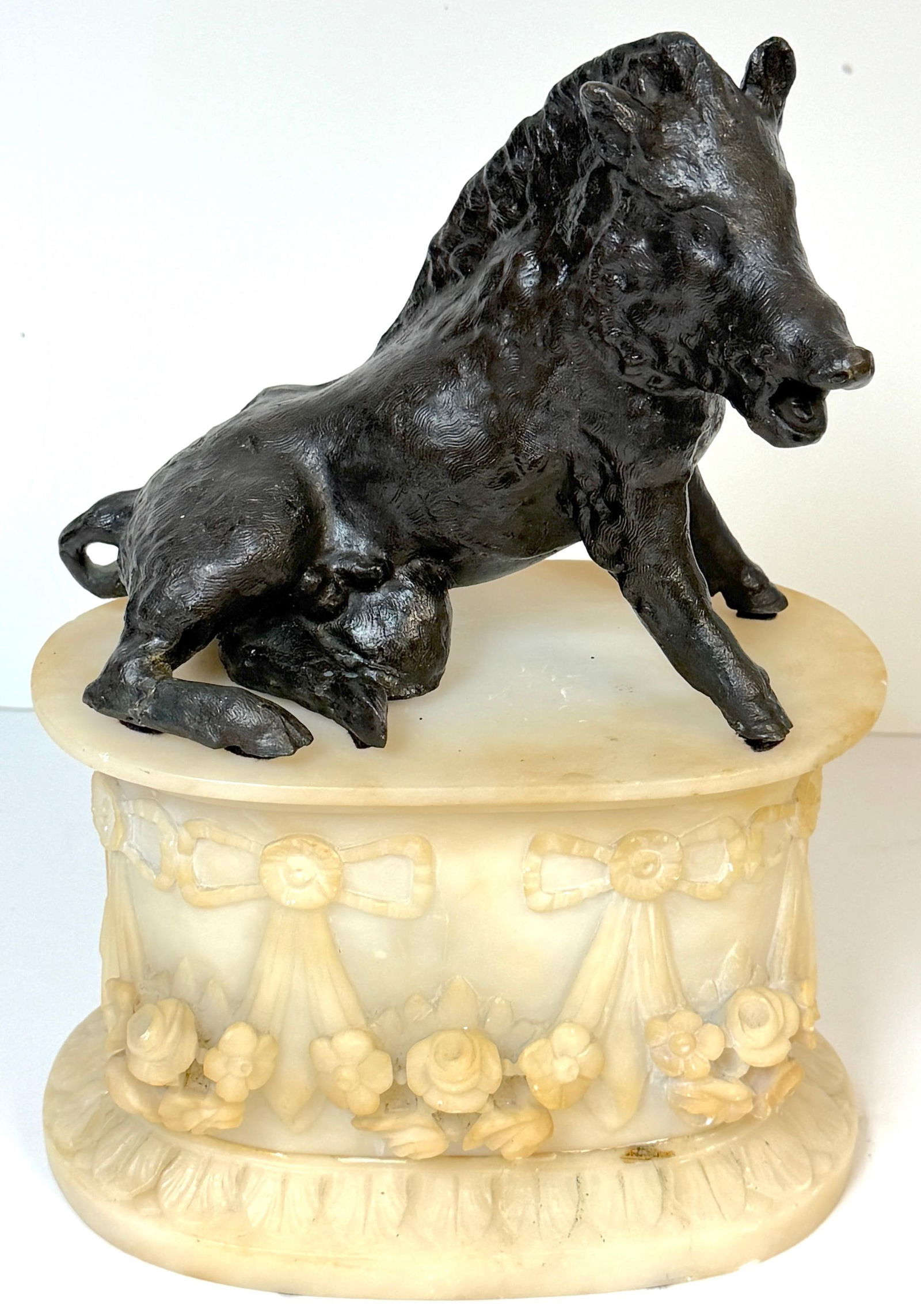 Grand Tour Bronze Reduction Il Porcellino "Borghese Boar" Carved Alabaster Base - 14