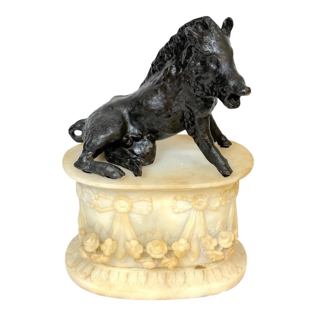 Grand Tour Bronze Reduction Il Porcellino "Borghese Boar" Carved Alabaster Base: Grand Tour Bronze Reduction of Il Porcellino "Borghese Boar" Mounted on a Carved Alabaster Neoclassical Plinth Italy, 19th Century A finely cast Grand Tour bronze model of the celebrated Medici