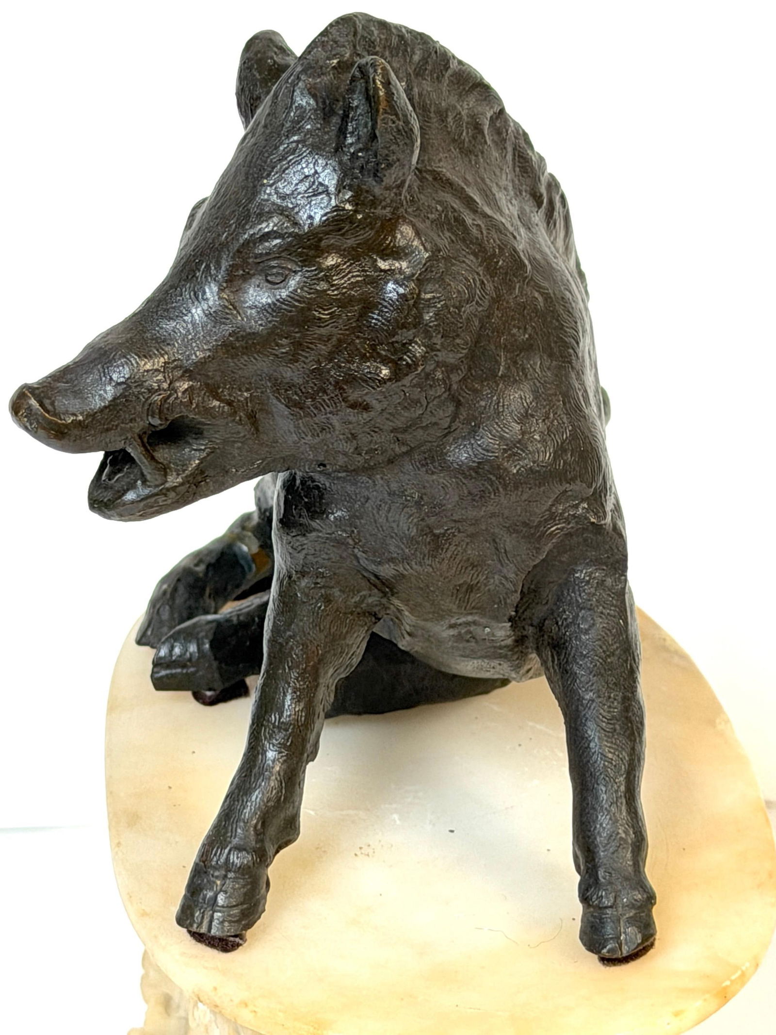 Grand Tour Bronze Reduction Il Porcellino "Borghese Boar" Carved Alabaster Base - 4