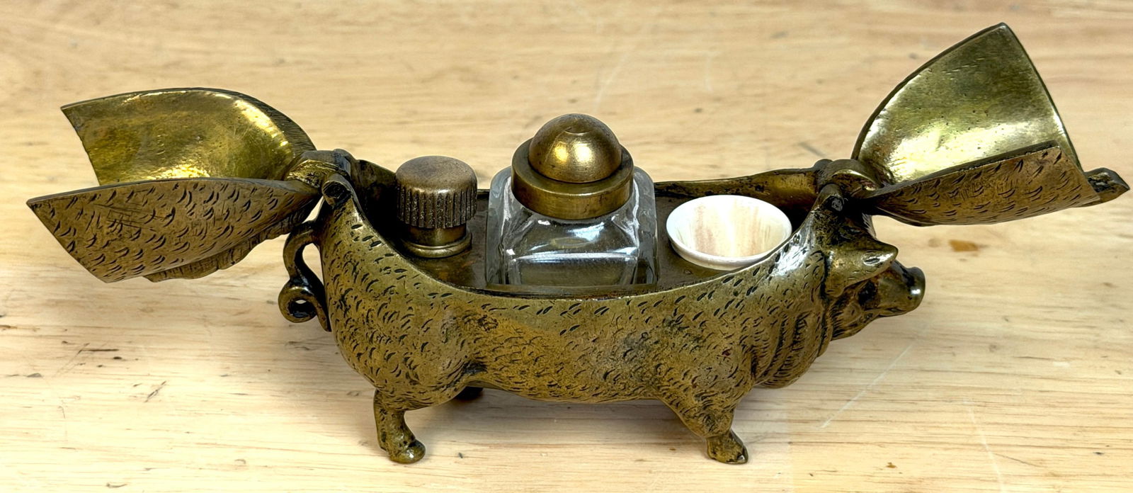Victorian English Brass Figural Pig Inkwell with Articulated Back Lids, C. 1875 - 15