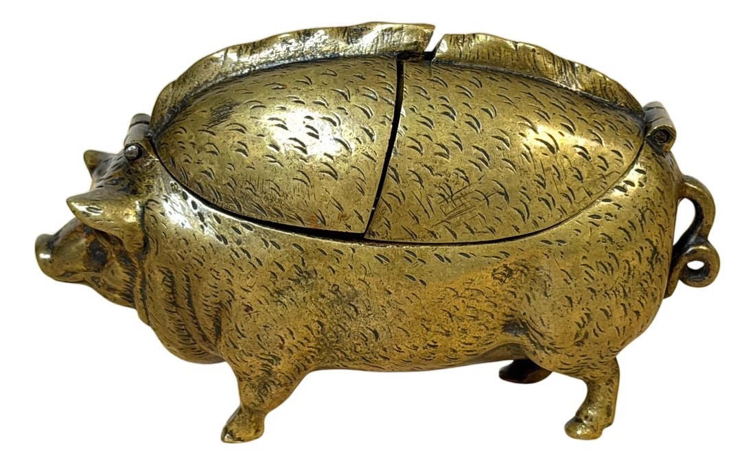 Victorian English Brass Figural Pig Inkwell with Articulated Back Lids, C. 1875: Victorian English Brass Figural Pig Inkwell with Articulated Back Lids, c. 1875 Consists of four pieces, The figural pig, glass inkwell with domed brass cap, A small porcelain cup for pounce or sponge