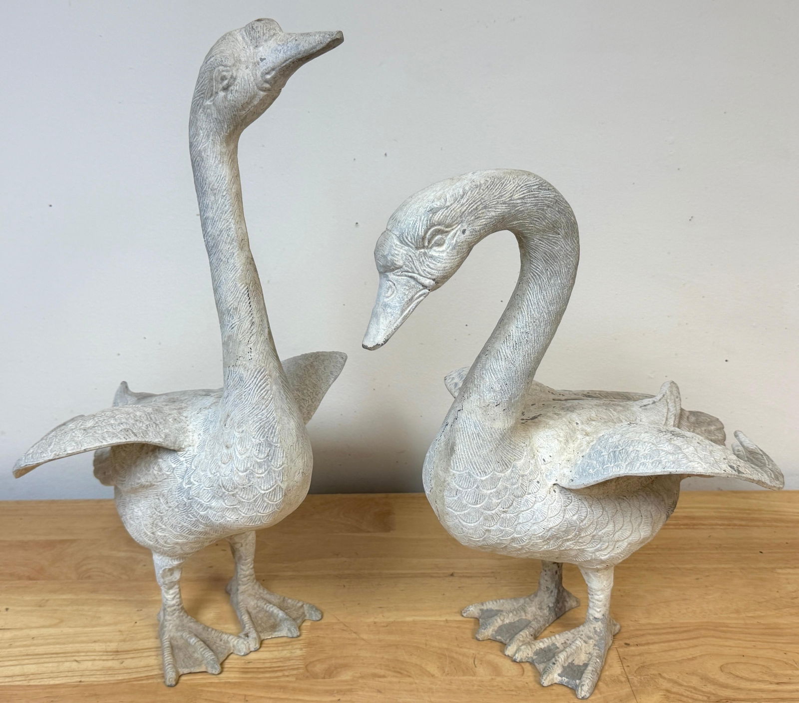 Pair 20th C. Zinc Alloy Swan Garden Sculptures Good Scale & Weathered Surface - 11