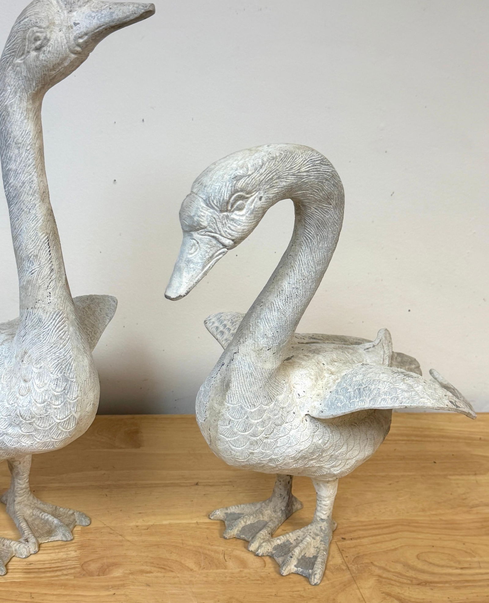 Pair 20th C. Zinc Alloy Swan Garden Sculptures Good Scale & Weathered Surface - 13