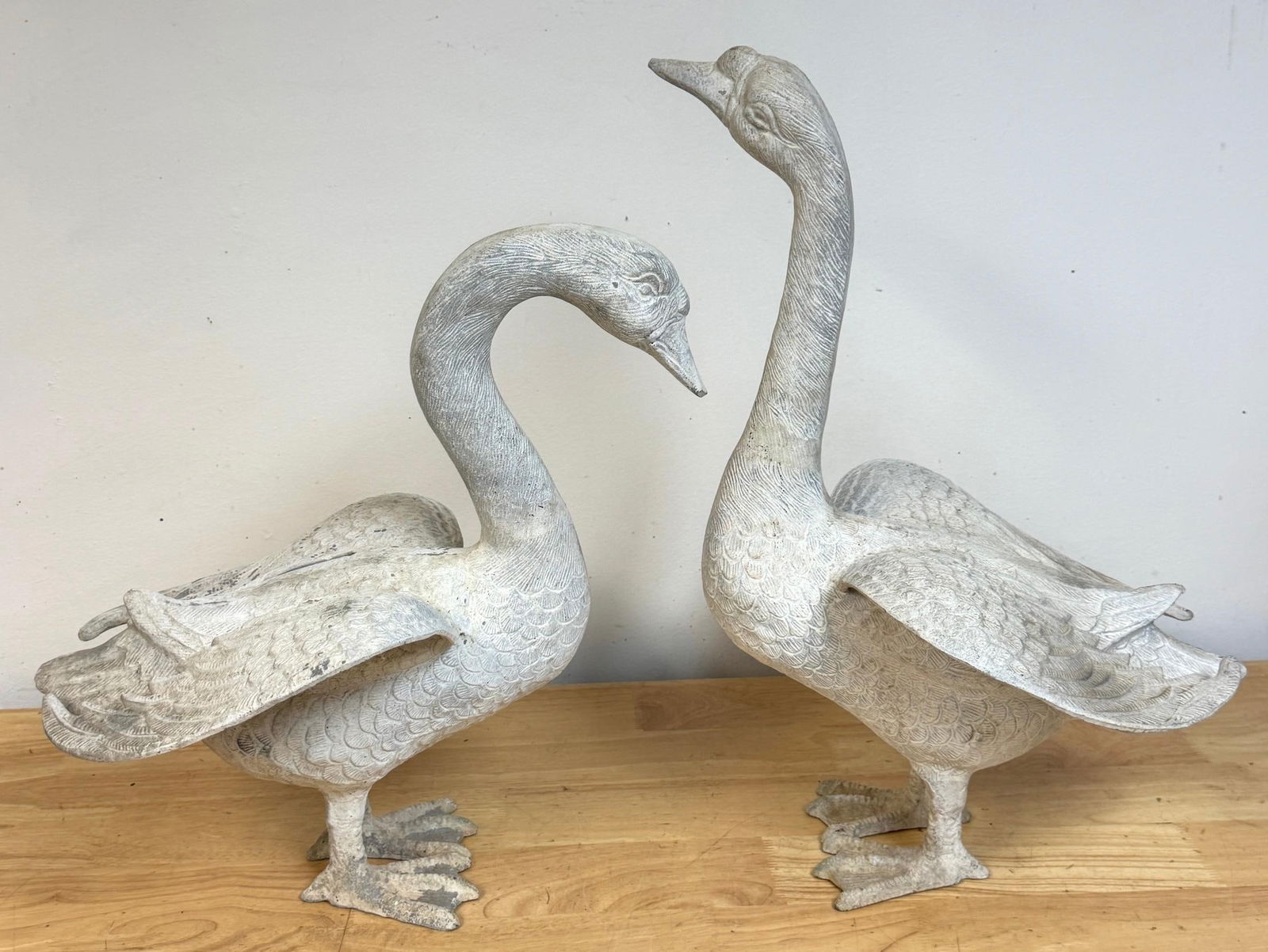 Pair 20th C. Zinc Alloy Swan Garden Sculptures Good Scale & Weathered Surface - 14
