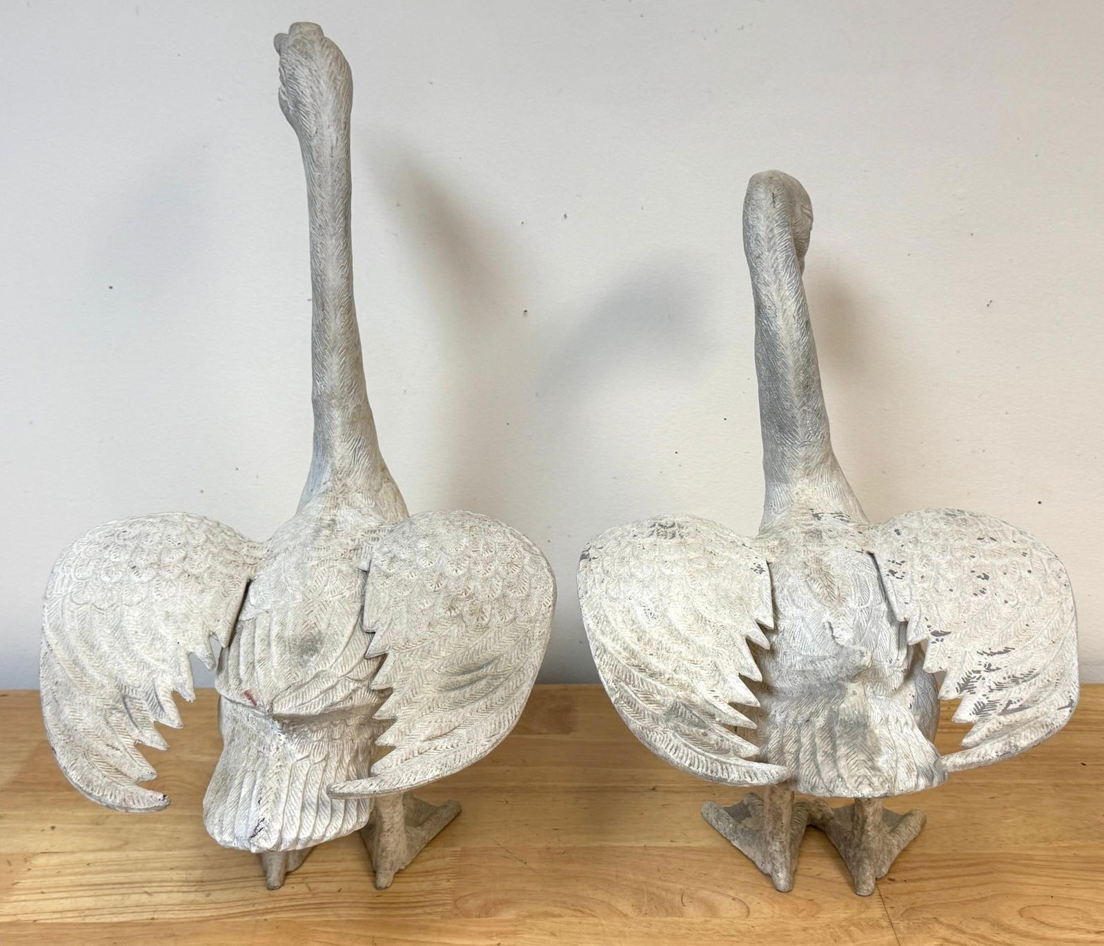 Pair 20th C. Zinc Alloy Swan Garden Sculptures Good Scale & Weathered Surface - 15