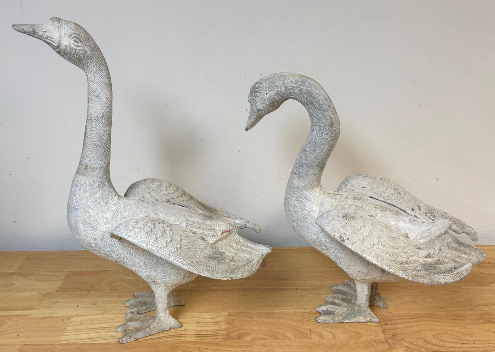 Pair 20th C. Zinc Alloy Swan Garden Sculptures Good Scale & Weathered Surface - 16