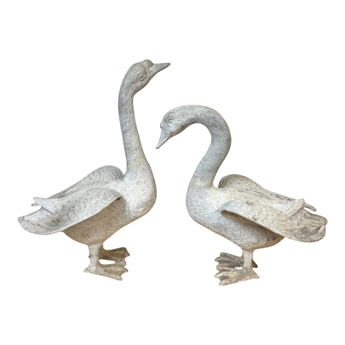 Pair 20th C. Zinc Alloy Swan Garden Sculptures Good Scale & Weathered Surface (1 of 18)