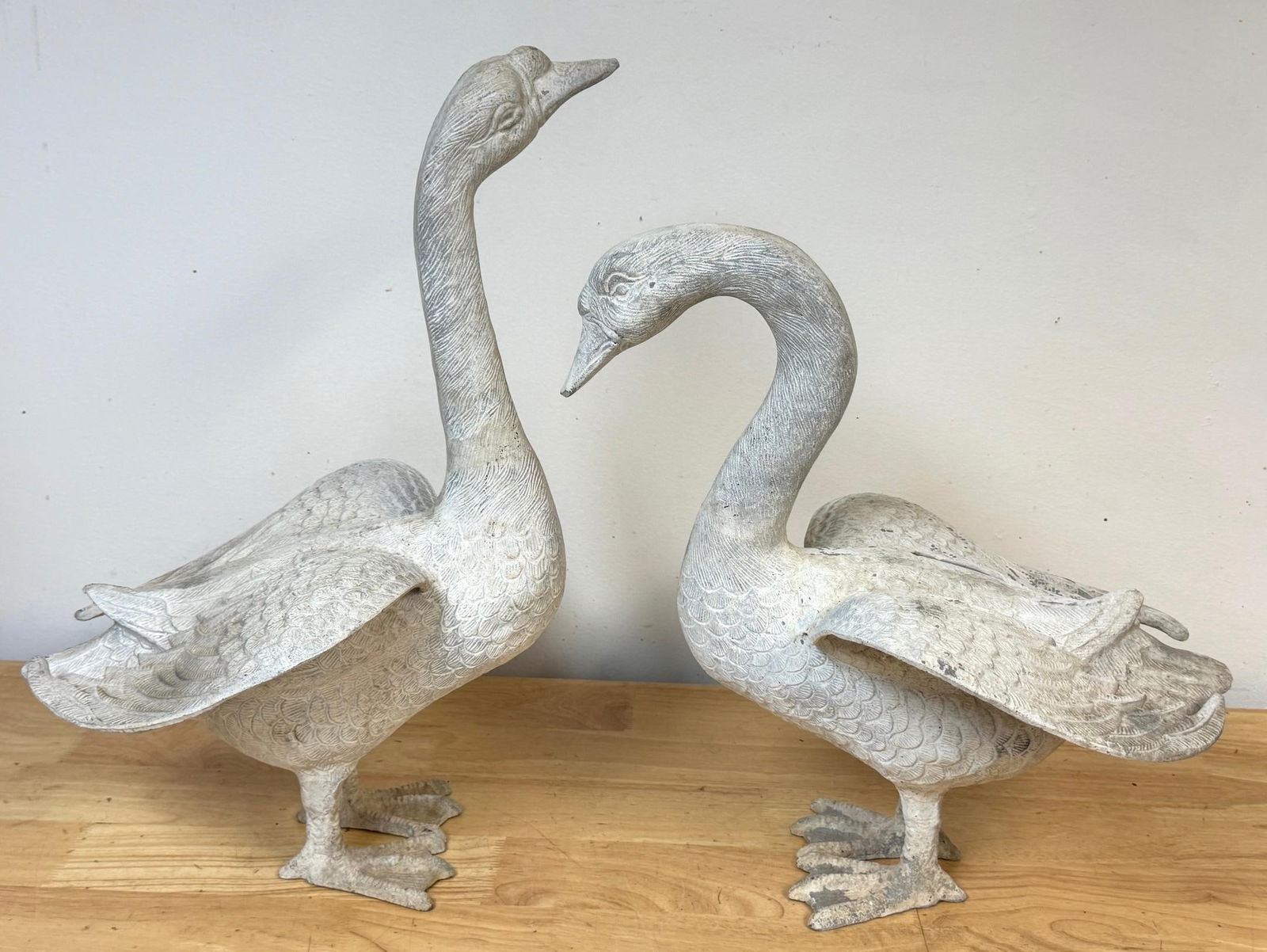Pair 20th C. Zinc Alloy Swan Garden Sculptures Good Scale & Weathered Surface - 2