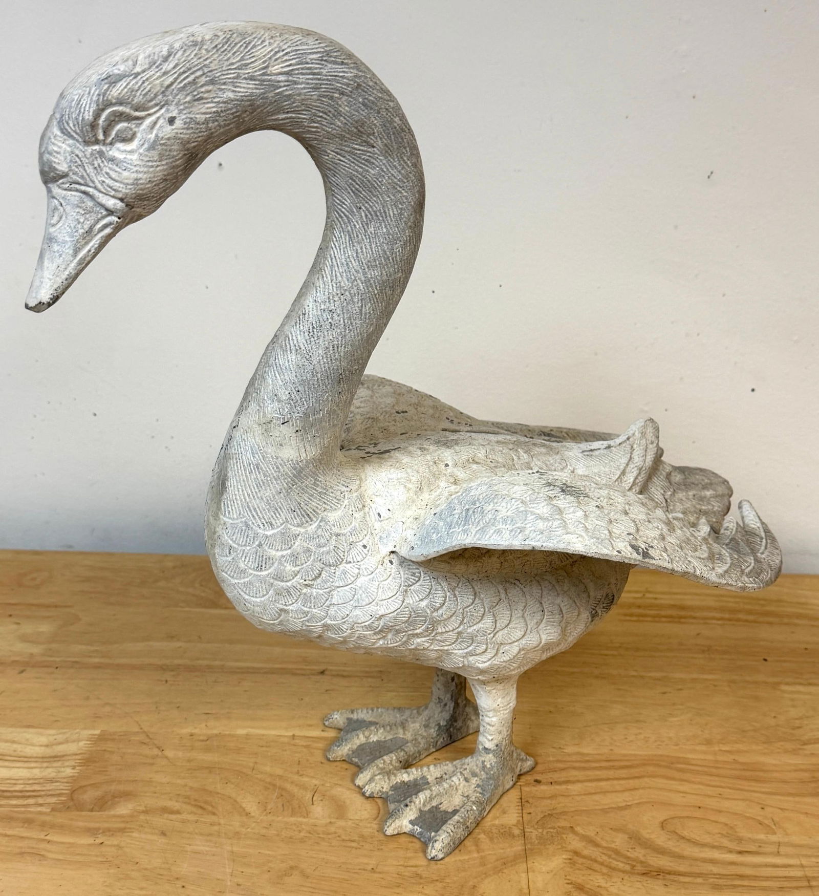 Pair 20th C. Zinc Alloy Swan Garden Sculptures Good Scale & Weathered Surface - 6