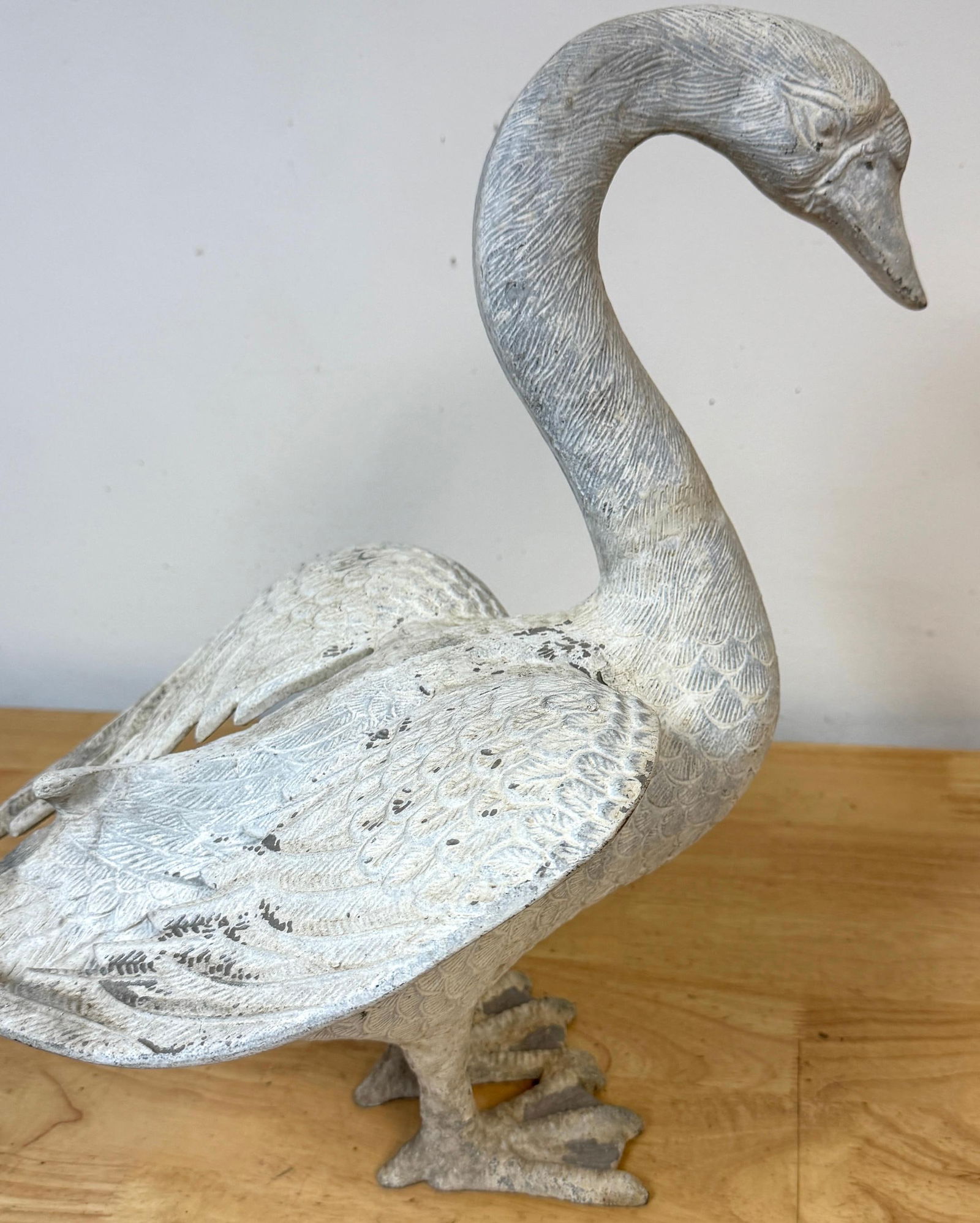 Pair 20th C. Zinc Alloy Swan Garden Sculptures Good Scale & Weathered Surface - 9