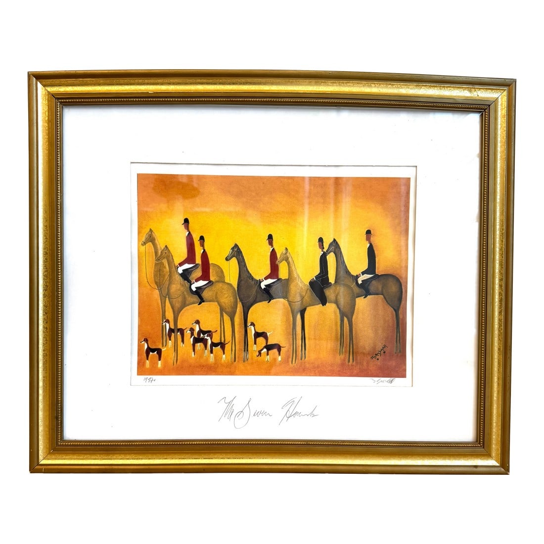 Vintage Signed Jonathan Hallgrey Limited-Edition Equestrian Print, the Seven Hunters, 1997: Vintage hand-signed limited-edition equestrian print titled The Seven Hunters, dated 1977. Jonathan Hallgrey's composition, originally rendered in pastels, depicts a stylized fox hunt scene with