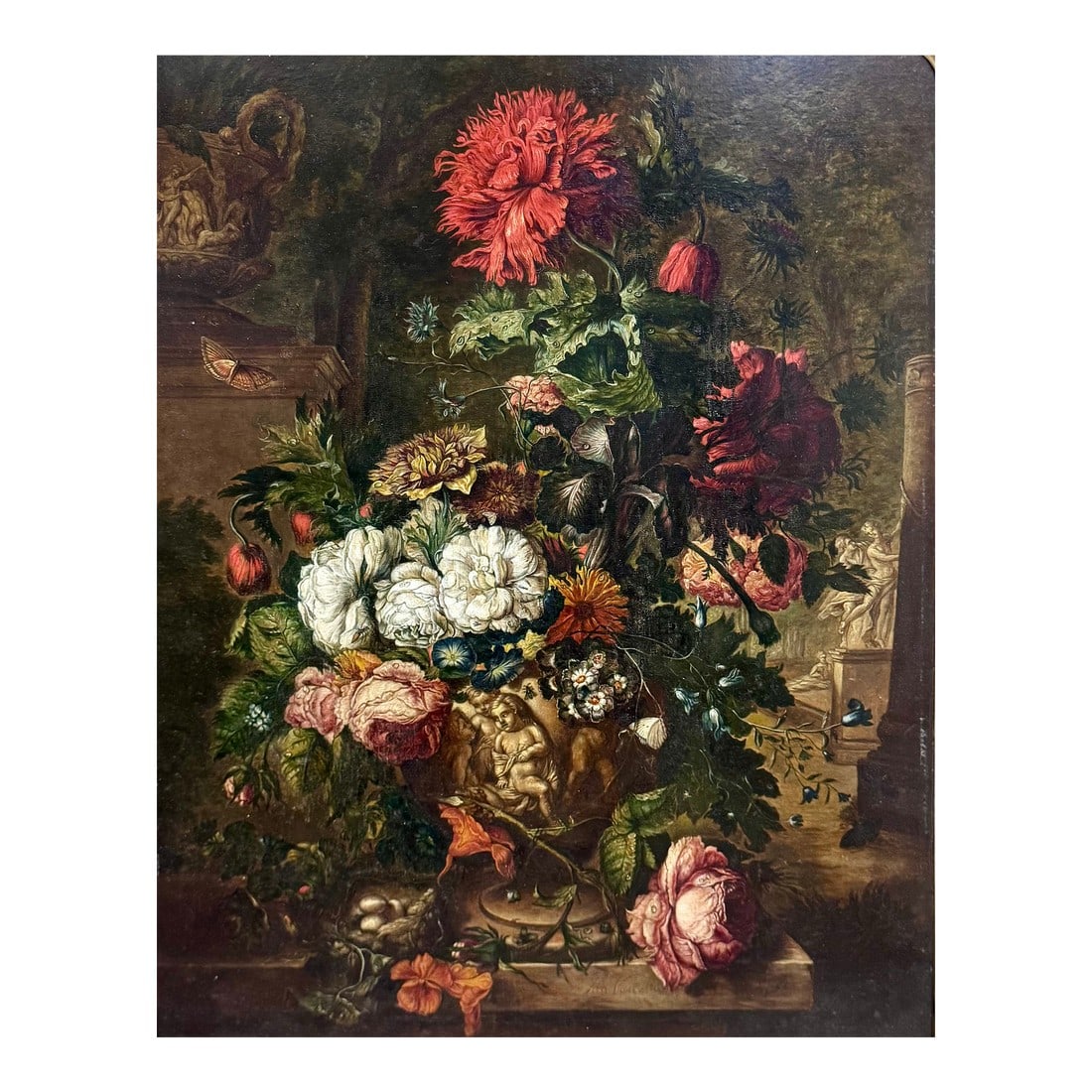 Floral Still Life Oil Painting, After Jan Van Huysum, Dutch (1682-1749): Floral Still Life Oil Painting inspired by the celebrated Dutch Master Jan van Huysum (1682-1749). Huysum was among the most influential Dutch still life painters of the late 17th/early 18th