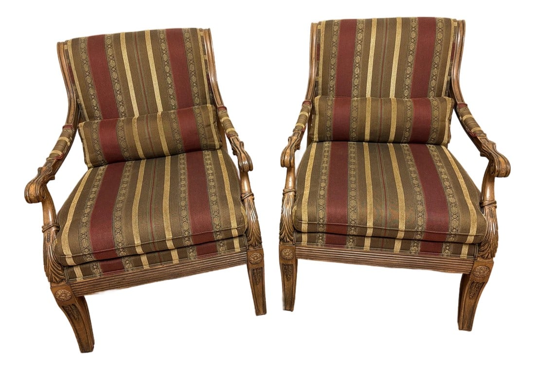 1990s Ethan Allen Hollywood Regency Roma Italian Carved Lounge Chairs-a Pair: What a rare find to see these Ethan Allen Roma Italian carved lounge chairs on the market today. The makers mark/tag can be seen under the seats of the cushions. The striking designs of the wooden