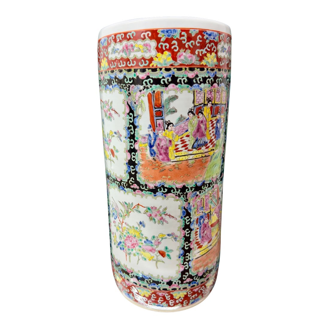 Monumental 1970s Black Ground Famille Rose Porcelain Umbrella Stand - Tony Duquette Style: This bespoke Turtle and Crane curation is a dramatic Black Ground (Noir) Famille Rose masterpiece, presenting a rare and cinematic twist on traditional Chinoiserie. Unlike common white-ground