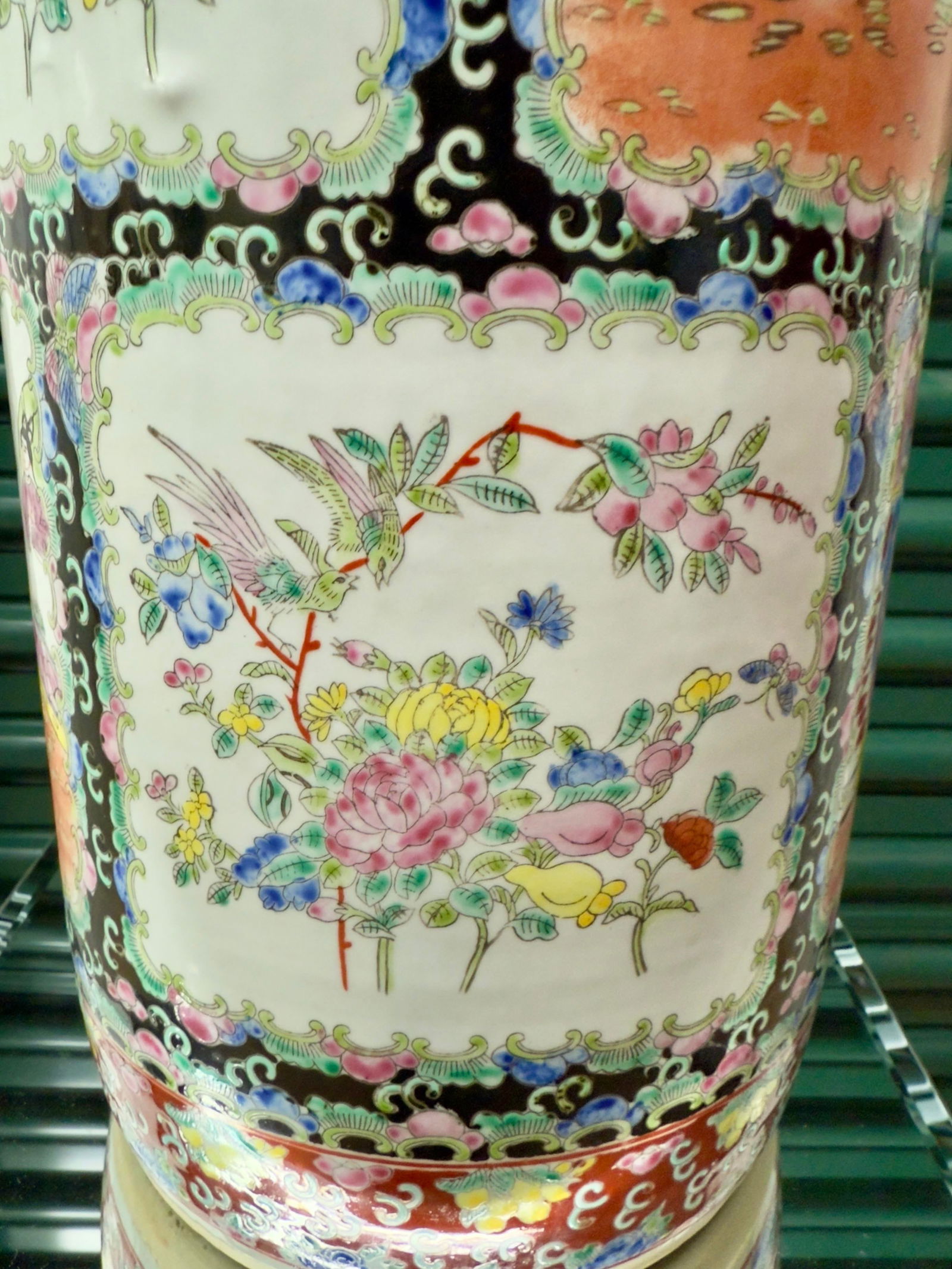 Monumental 1970s Black Ground Famille Rose Porcelain Umbrella Stand - Tony Duquette Style - 5