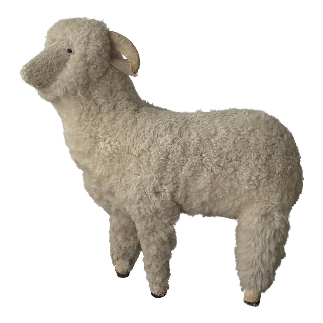 Mid Century Wool Ram Sheep Stool Sculpture: A beautiful mid century ram sheep sculpture, most likely of Scandinavian origin. These sheep sculptures are beloved for their whimsical wooly appearance. They make great conversation starters. Fun