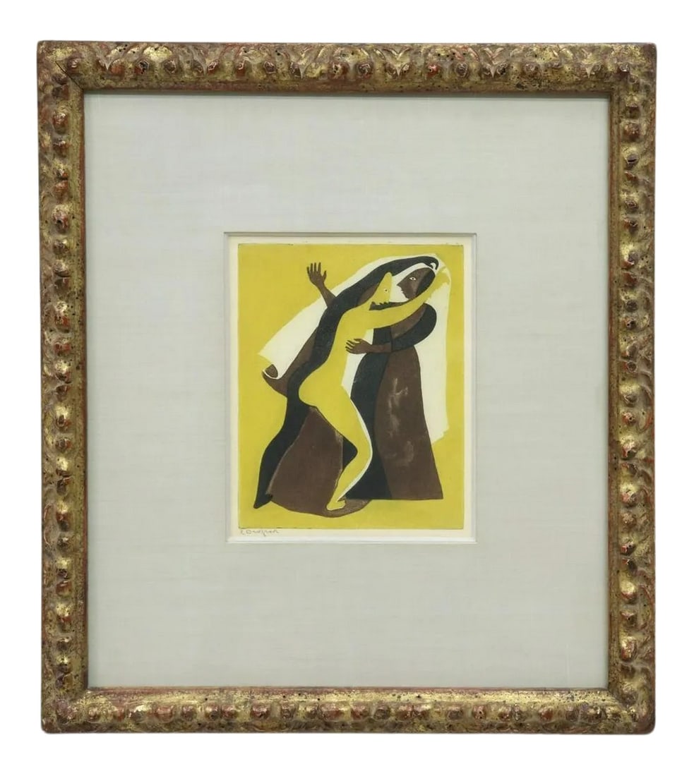 Original Signed Carlos Orozco Romero "Two Figures Dancing" Aquatint in Antique Gilt Wood Frame: Framed aquatint etching on paper, "Two Figures Dancing", from the portfolio "Tres Aguafuertes en Color," c.1939. The framed aquatint is signed lower left C. Orozco R. (Carlos Orozco Romero (Mexican,