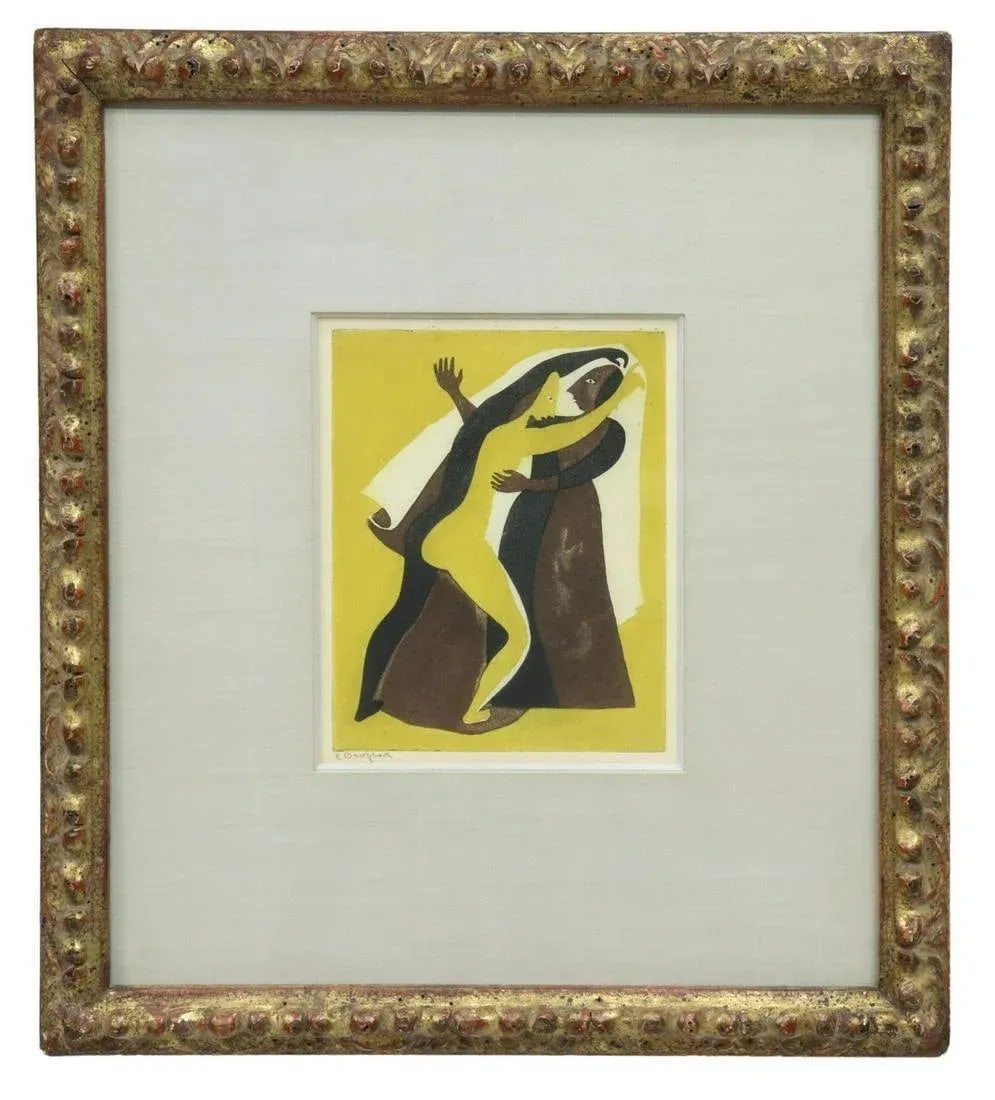 Original Signed Carlos Orozco Romero "Two Figures Dancing" Aquatint in Antique Gilt Wood Frame - 7