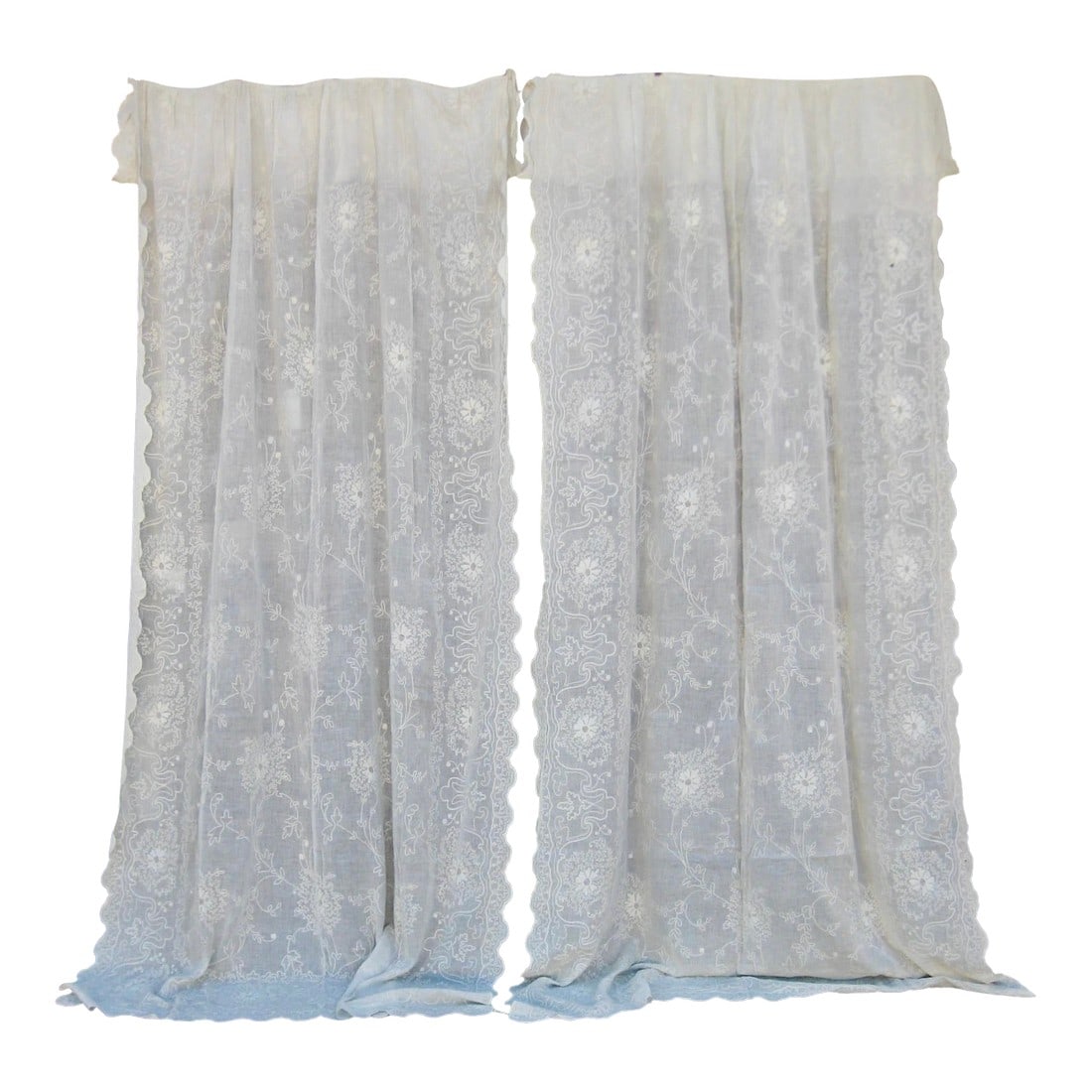 Mid 19th Century Pair of French Embroidered in Fine Cotton Sheer Curtains Napoleon III: This splendid pair of draperies or shade are embroidered with the technique called in France Cornelys , it can be compare to a crewel work on the finest cotton possible , those pieces are rare due to