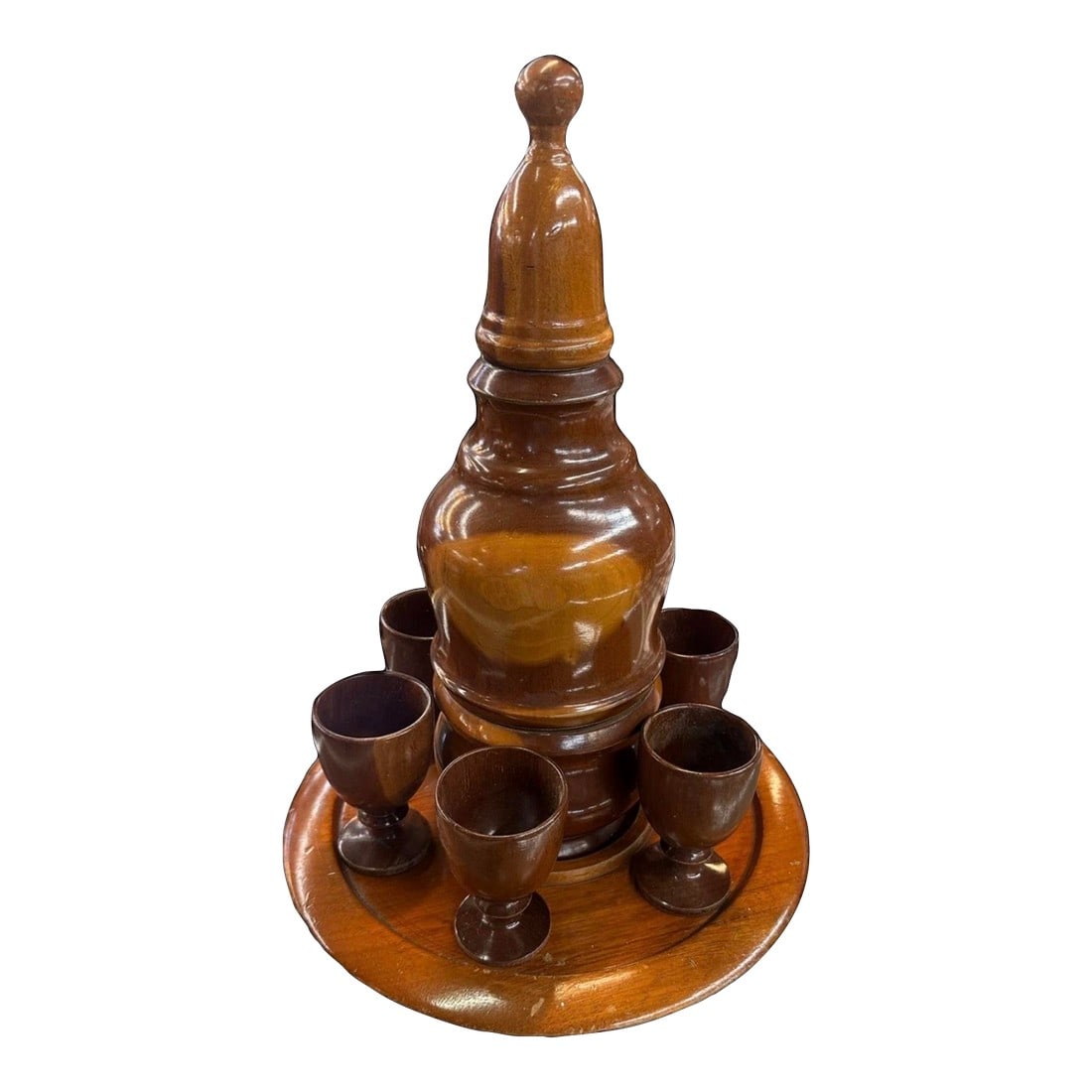 1950s Wooden Cordial/Sake Set With 6 Cups, Tray, and Decanter: Wooden Cordial/Sake Set with 6 Cups, Tray, and Decanter Two of the cups have chips other than that everything else is an excellent condition ï¿¼ This Wooden Cordial/Sake Set is a