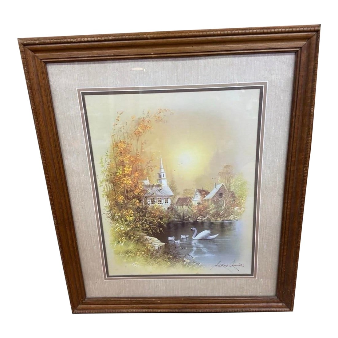 1970s Art Andres Orpinas Signed Painting Church Pond Swan With Frame: Art Andres Orpinas Signed Painting Church Pond Swan 25"x29" With Frame Excellent condition The product is a 25" x 29" signed painting by artist Andres Orpinas featuring a church setting with a pond
