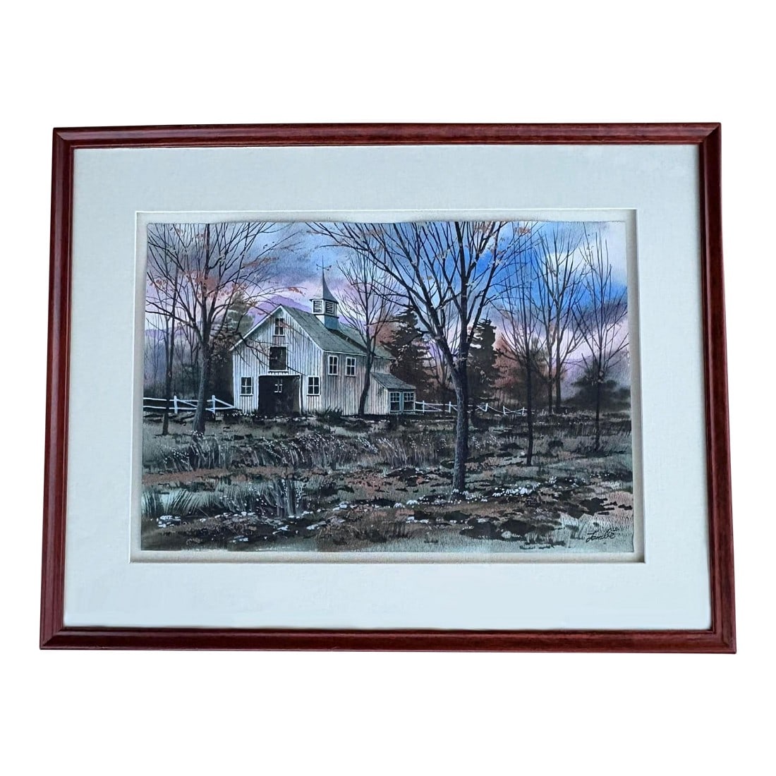 1990s Winter Landscape Barn Sunset Watercolor Painting By: Fambe? Framed, Linen Matting: Watercolor Painting Winter Sunset Landscape of a Barn with Field and Woods. By: Fambe? Framed, glass, linen matting shadowbox style. Frame size: 30.5" wide 23.5" high 1.25" deep Painting image