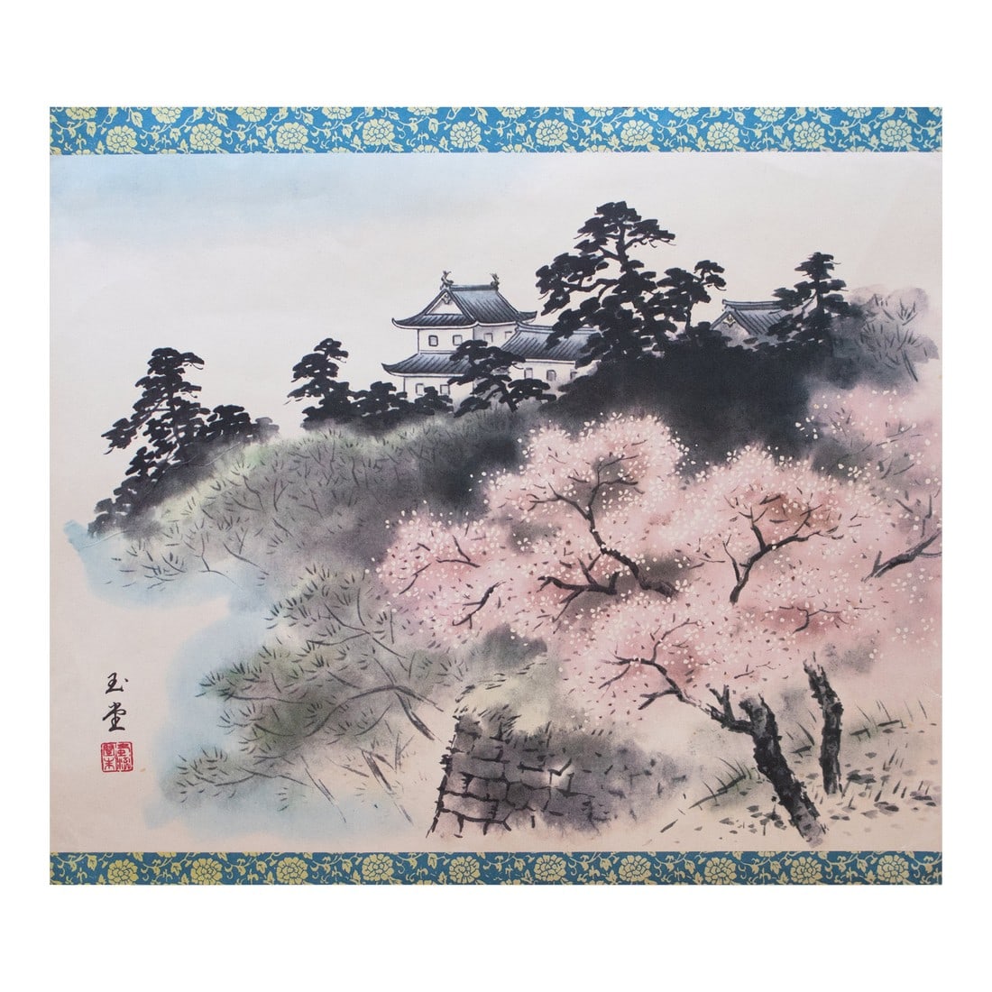 Large Showa Era Japanese Monochrome Print, Landscape With a House and Sakura: A very pretty large vintage Japanese monochrome print after watercolor painting, depicting landscape with a house, pine trees and Sakura (blossoming cherry tree). Signed and sealed in the print (print