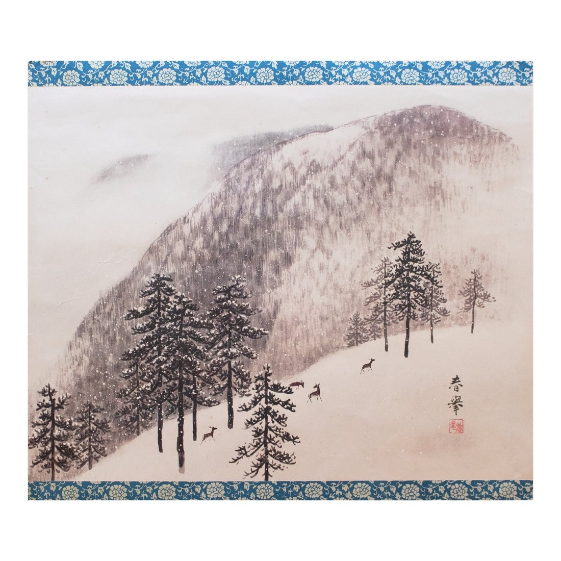 Large Showa Era Japanese Monochrome Print, Mountain Landscape With Deer: A very pretty large vintage Japanese monochrome print after watercolor painting, depicting Mountain winter landscape with pine trees and deer. Signed and sealed in the print (printed). Printed upper