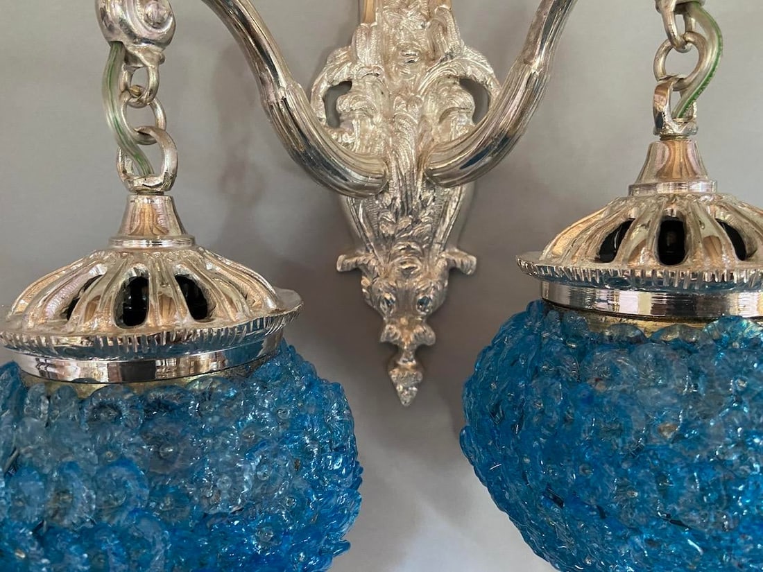1990s French Louis XVI Silver Bronze Blue Crystal Wall Lamps / Sconces – Pair - 11