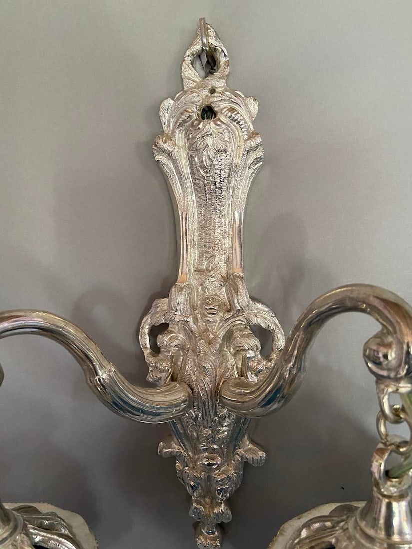 1990s French Louis XVI Silver Bronze Blue Crystal Wall Lamps / Sconces – Pair - 12