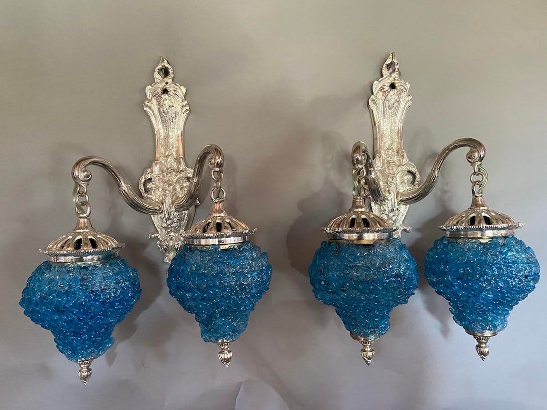 1990s French Louis XVI Silver Bronze Blue Crystal Wall Lamps / Sconces – Pair - 13