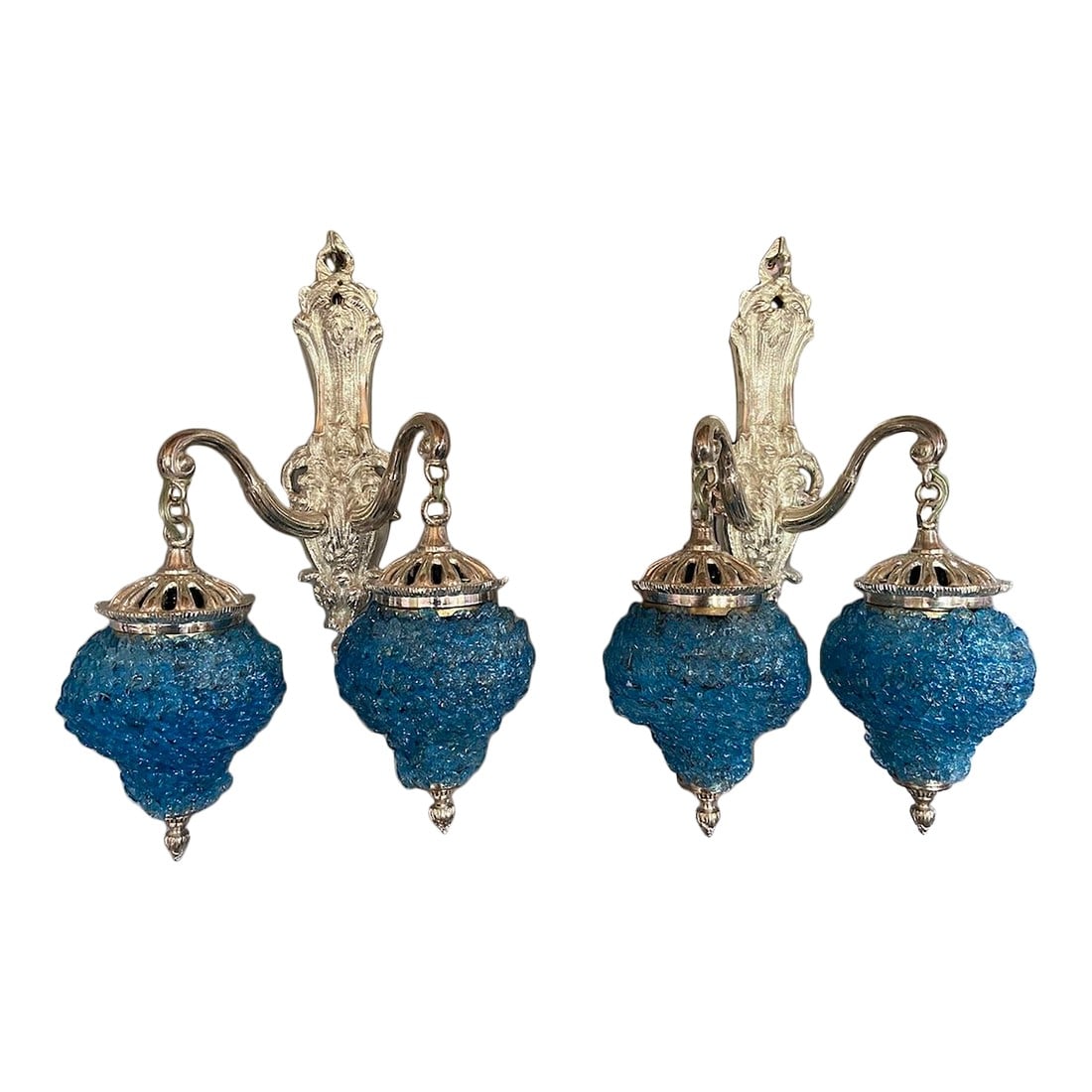 1990s French Louis XVI Silver Bronze Blue Crystal Wall Lamps / Sconces – Pair: Date / Period: 1990s Maker / Brand: Attributed to French Artisan Workshop Style: Louis XVI / French Neoclassical Color: Silver with Blue Accents Material: Solid Bronze, Silver Finish, Cut Crystal Cate