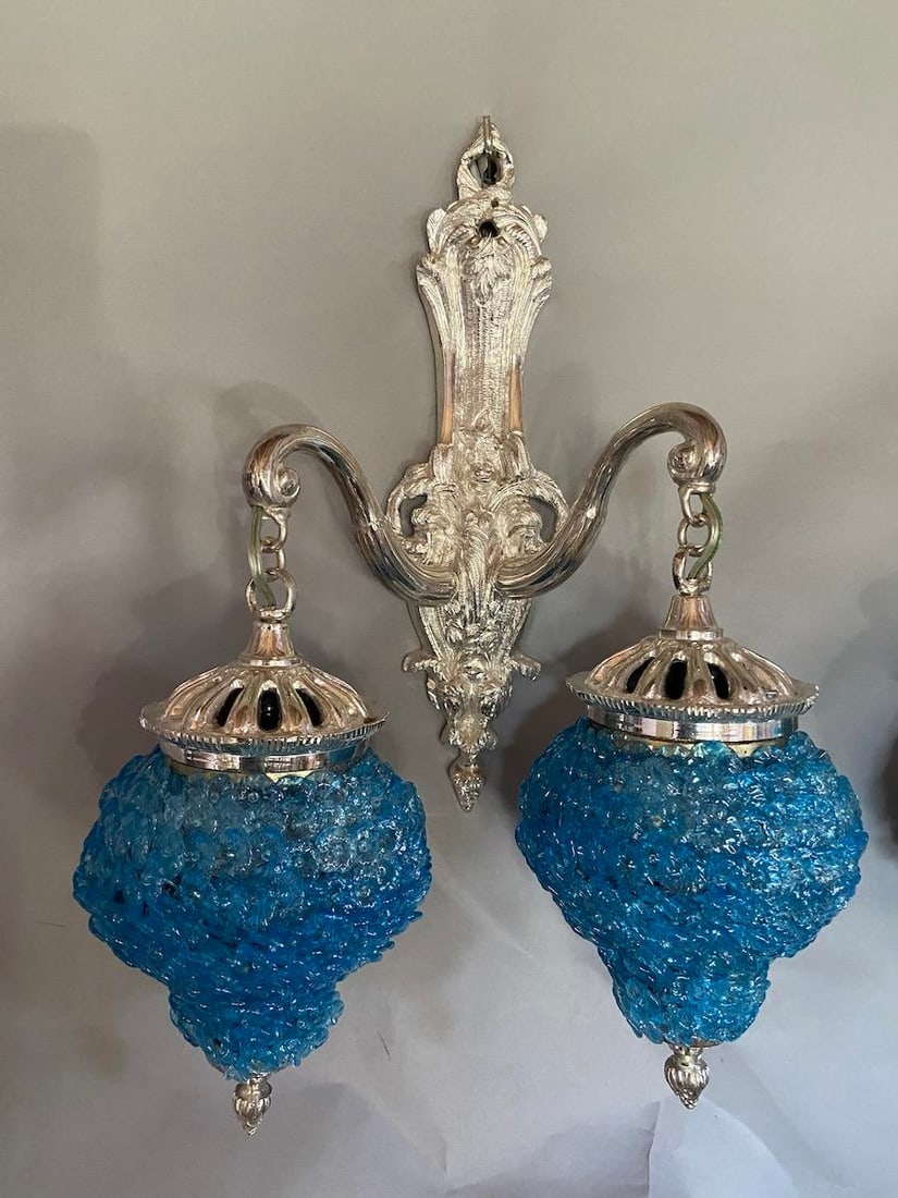 1990s French Louis XVI Silver Bronze Blue Crystal Wall Lamps / Sconces – Pair - 2