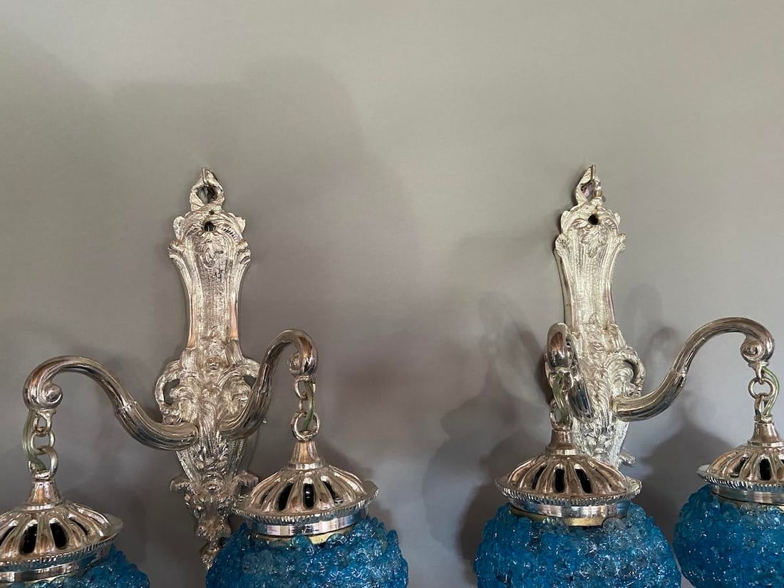 1990s French Louis XVI Silver Bronze Blue Crystal Wall Lamps / Sconces – Pair - 3