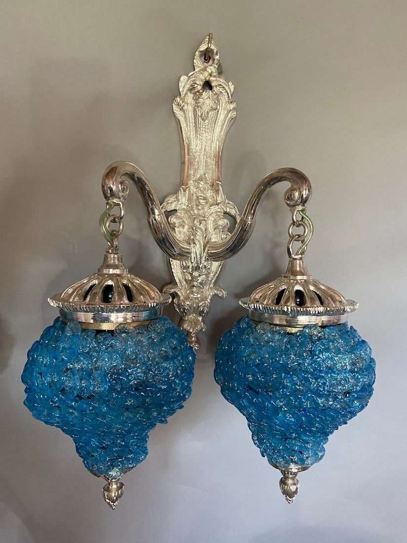 1990s French Louis XVI Silver Bronze Blue Crystal Wall Lamps / Sconces – Pair - 4