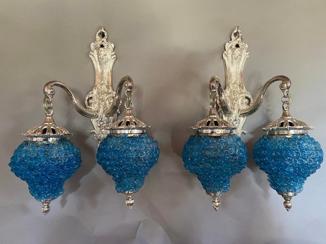 1990s French Louis XVI Silver Bronze Blue Crystal Wall Lamps / Sconces – Pair - 5