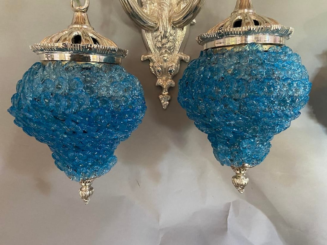 1990s French Louis XVI Silver Bronze Blue Crystal Wall Lamps / Sconces – Pair - 6