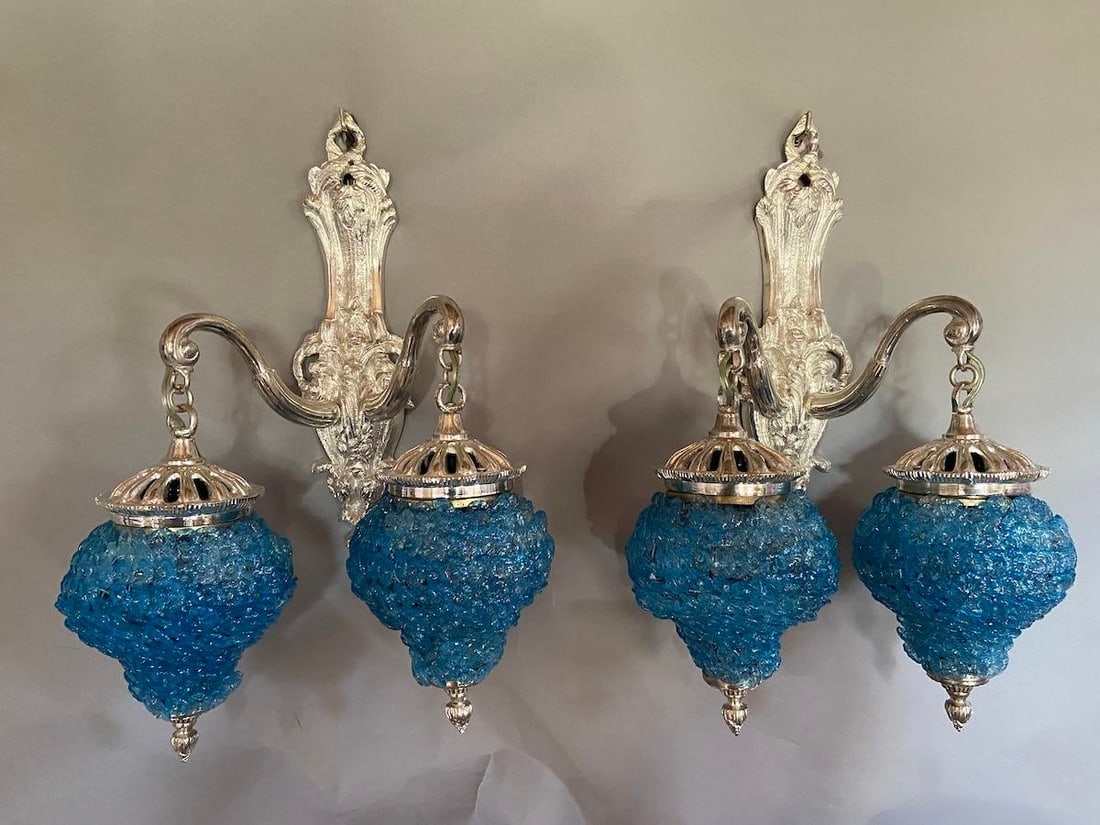 1990s French Louis XVI Silver Bronze Blue Crystal Wall Lamps / Sconces – Pair - 8