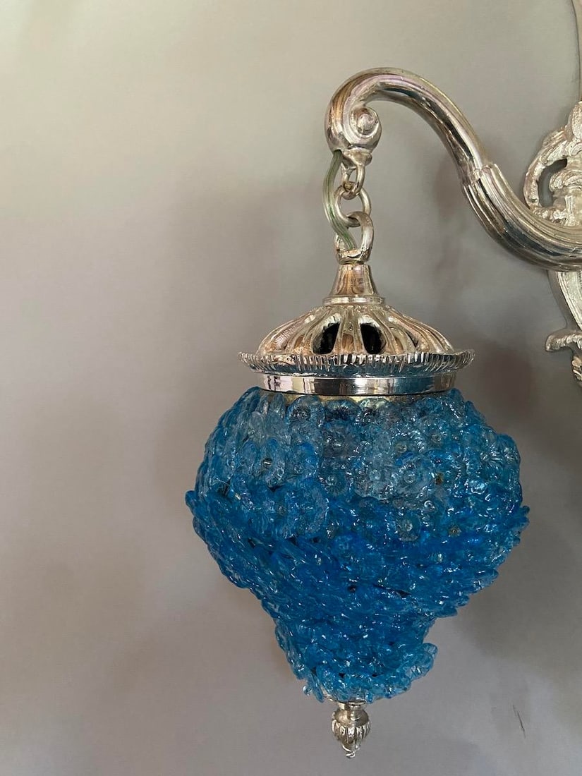 1990s French Louis XVI Silver Bronze Blue Crystal Wall Lamps / Sconces – Pair - 9
