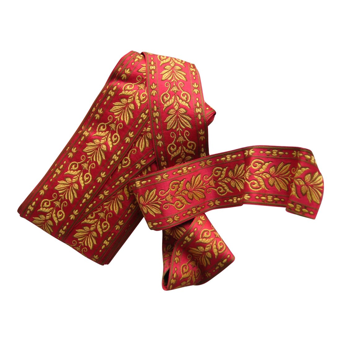French Lyon Silk Napoleon III Style 27 Yard Trim Roll: This 27 yard trim never used is in one piece and present a classic Empire Napoleon III style with a rich gold motif on a classic rich red , it is wide 3 inch and all usable , the quality is what we