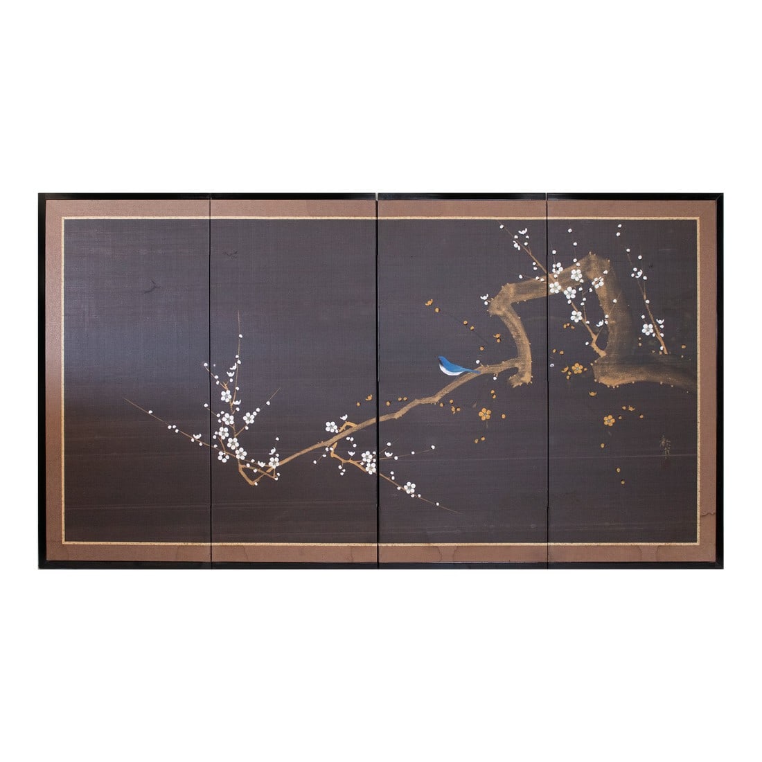 1960s ShÅwa Era Japanese Silk Byobu Screen, Blue-and-White Flycatcher and Sakura: Lovely ShÅwa Era 4-panel Japanese hand painted silk Byobu (folding screen), depicting Sakura branch (cherry tree) and Blue-and-White Flycatcher, on dark chocolate background. Signed by artist.