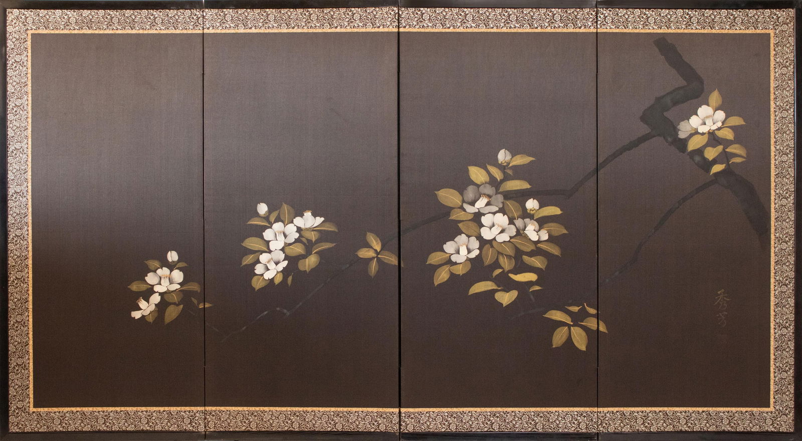 1960s ShÅwa Era Japanese Painted Silk Byobu Screen "Magnolia" - 17