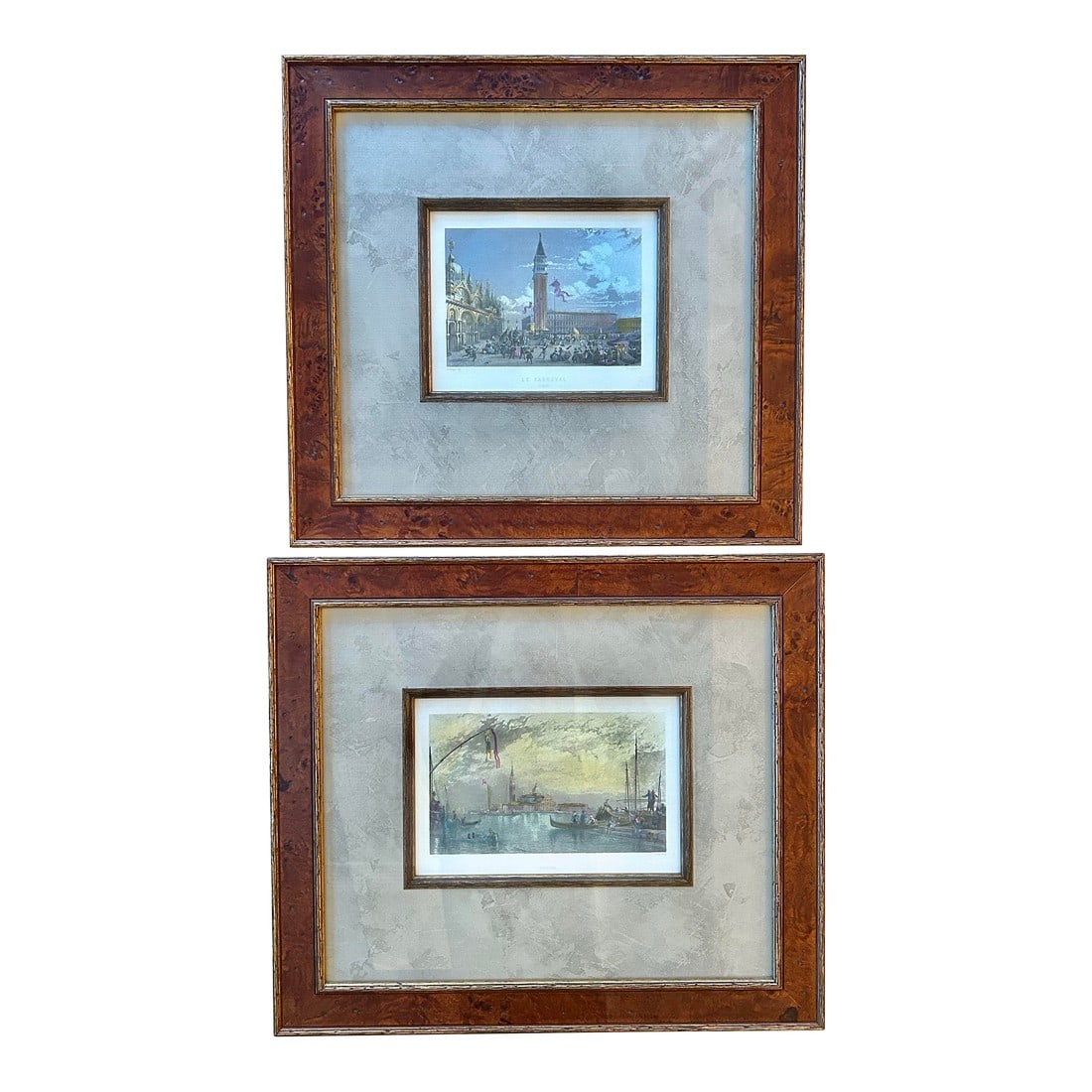 19th Century Hand Colored Engravings of Venice Newly Framed in Burlwood - A Pair: This is a pair of intaglio engravings of 2 cityscapes in Italy. One is entitled "Le Carnaval a Venise" by artist Rouargue. The other is "Venice" by J.B. Pyne. Both are hand colored and illustrate 2 vi
